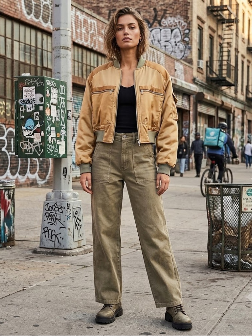 Zara Tan and Olive Green Cropped Bomber Jacket